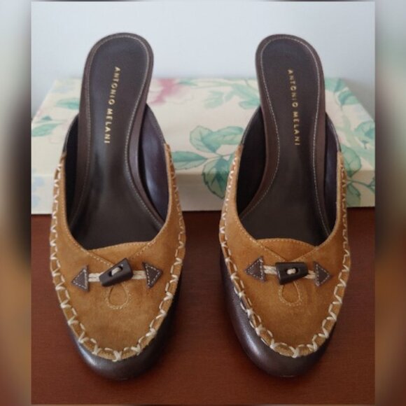 ANTONIO MELANI Brown & Tan Open Back Heels Size 9 - Picture 3 of 6